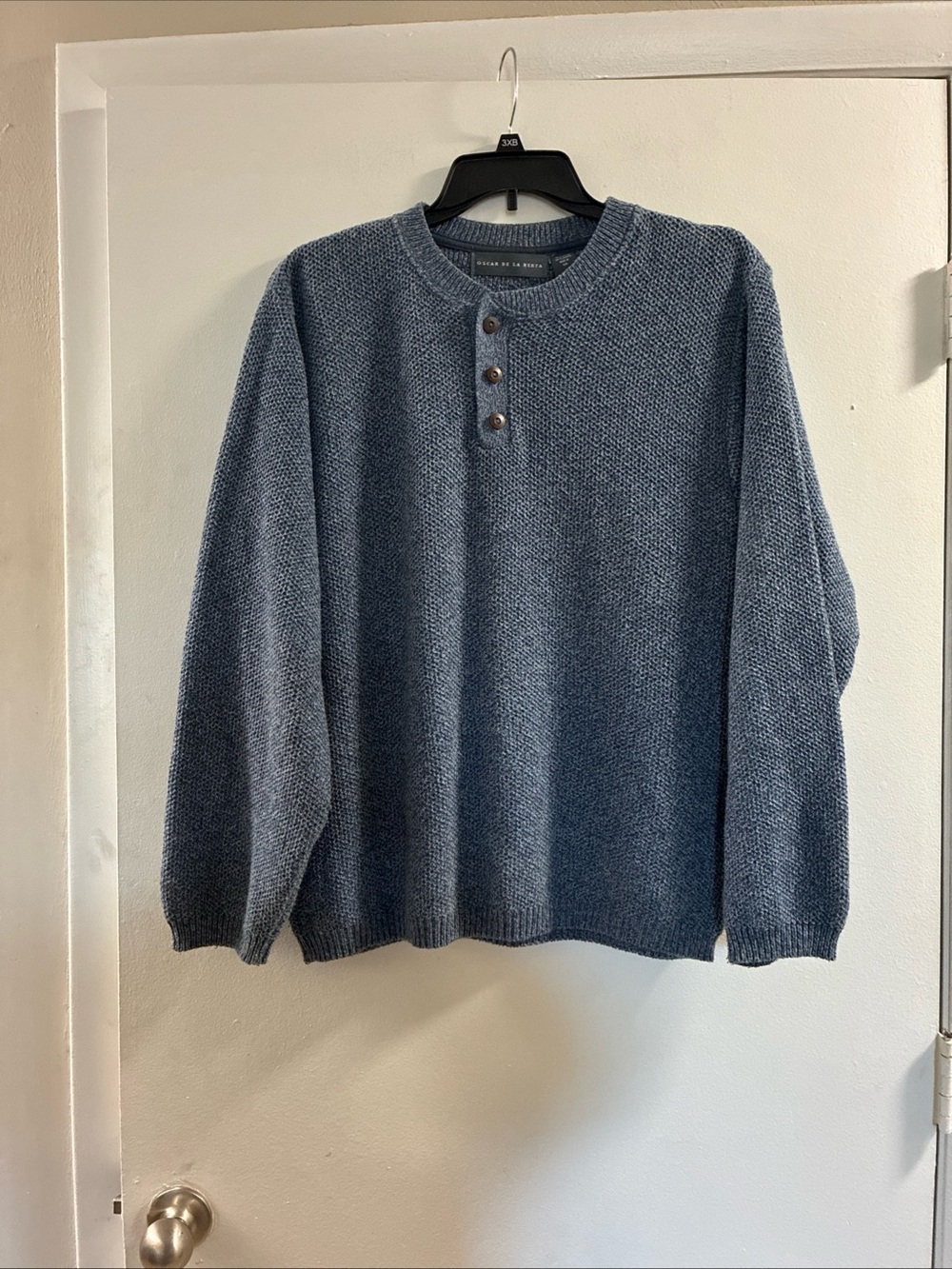 Oscar de la Renta Slate Blue Crewneck Henley Sweater